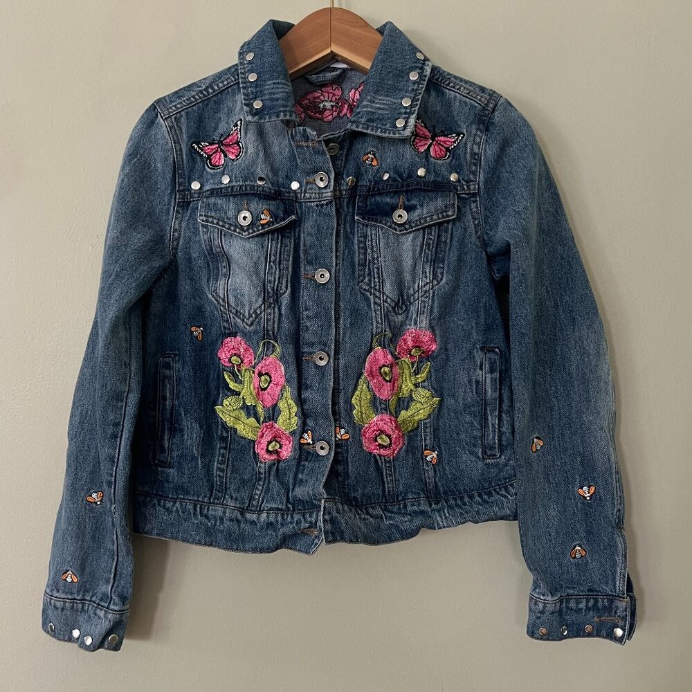 Embroidered Pink Floral Denim Jacket - Women